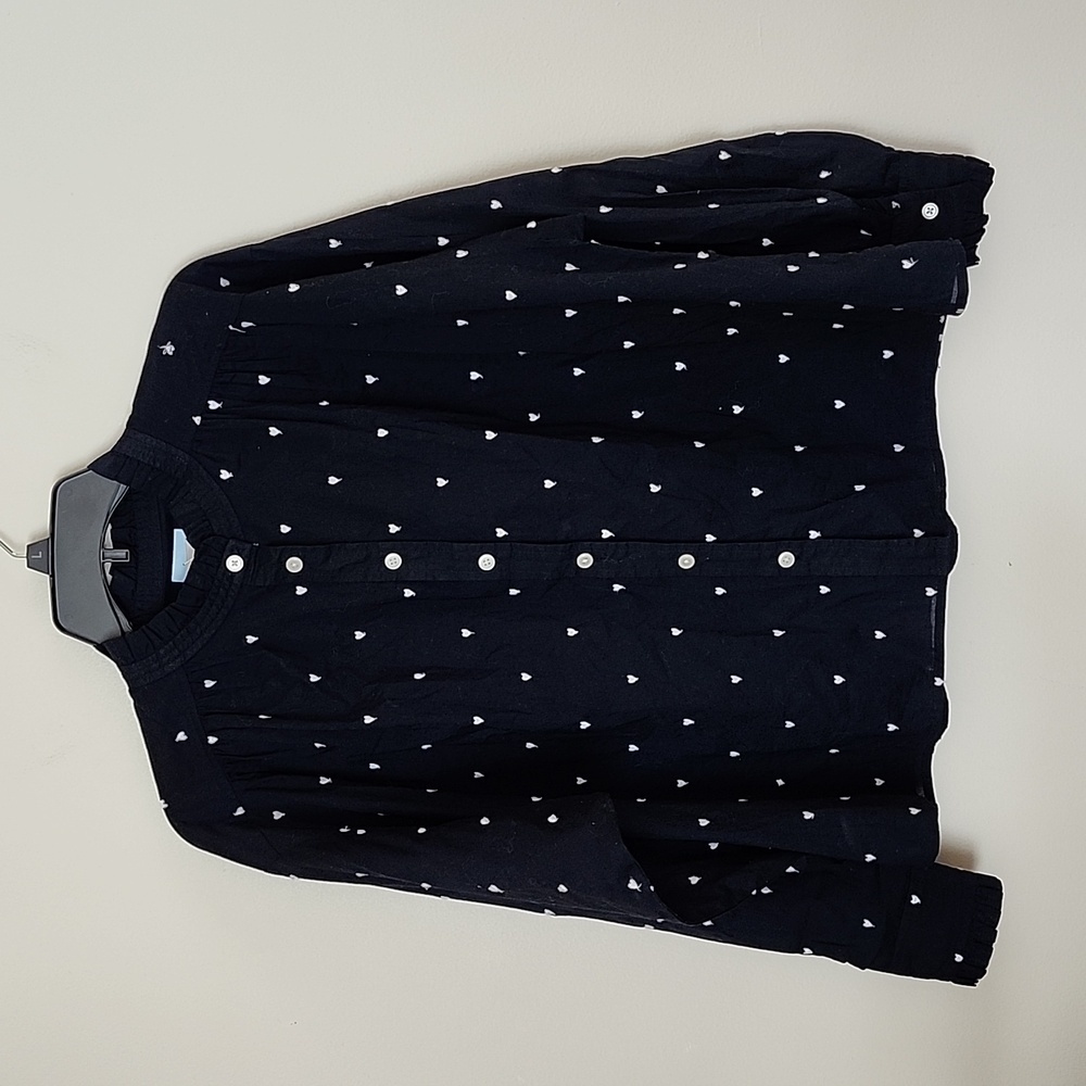 Loft heart embroidered blouse, ruffle detail, cotton, button up, boxy, navy blue